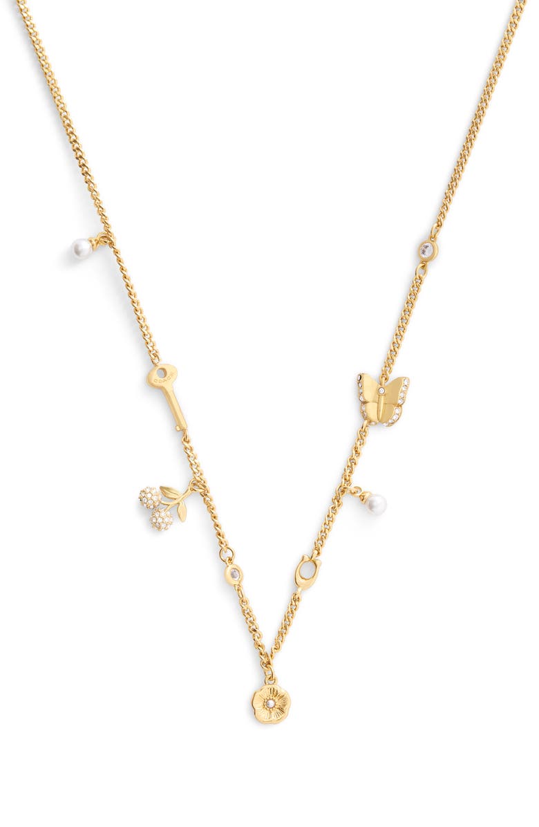 COACH Pavé & Imitation Pearl Station Necklace, Main, color, Shiny Gold