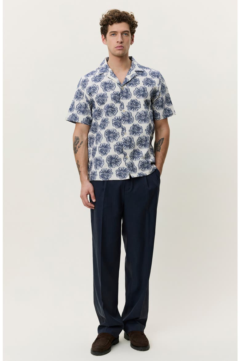 Dahlia Floral Jacquard Cotton & Linen Blend Camp Shirt, Alternate, color, DARK DENIM BLUE
