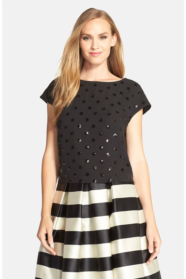Sequin Polka Dot Popover Top, Alternate, color, BLACK