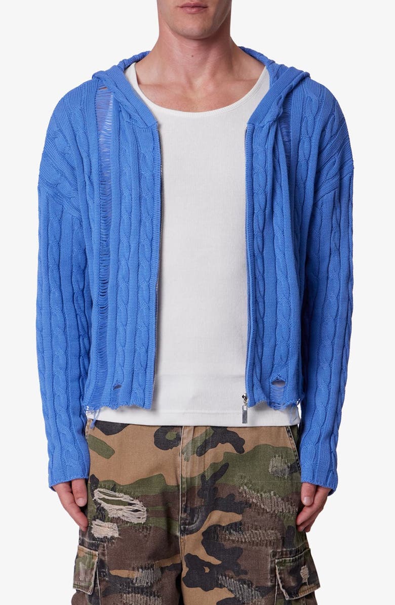 mnml Front Zip Hooded Cable Stitch Sweater, Main, color, Washed Blue