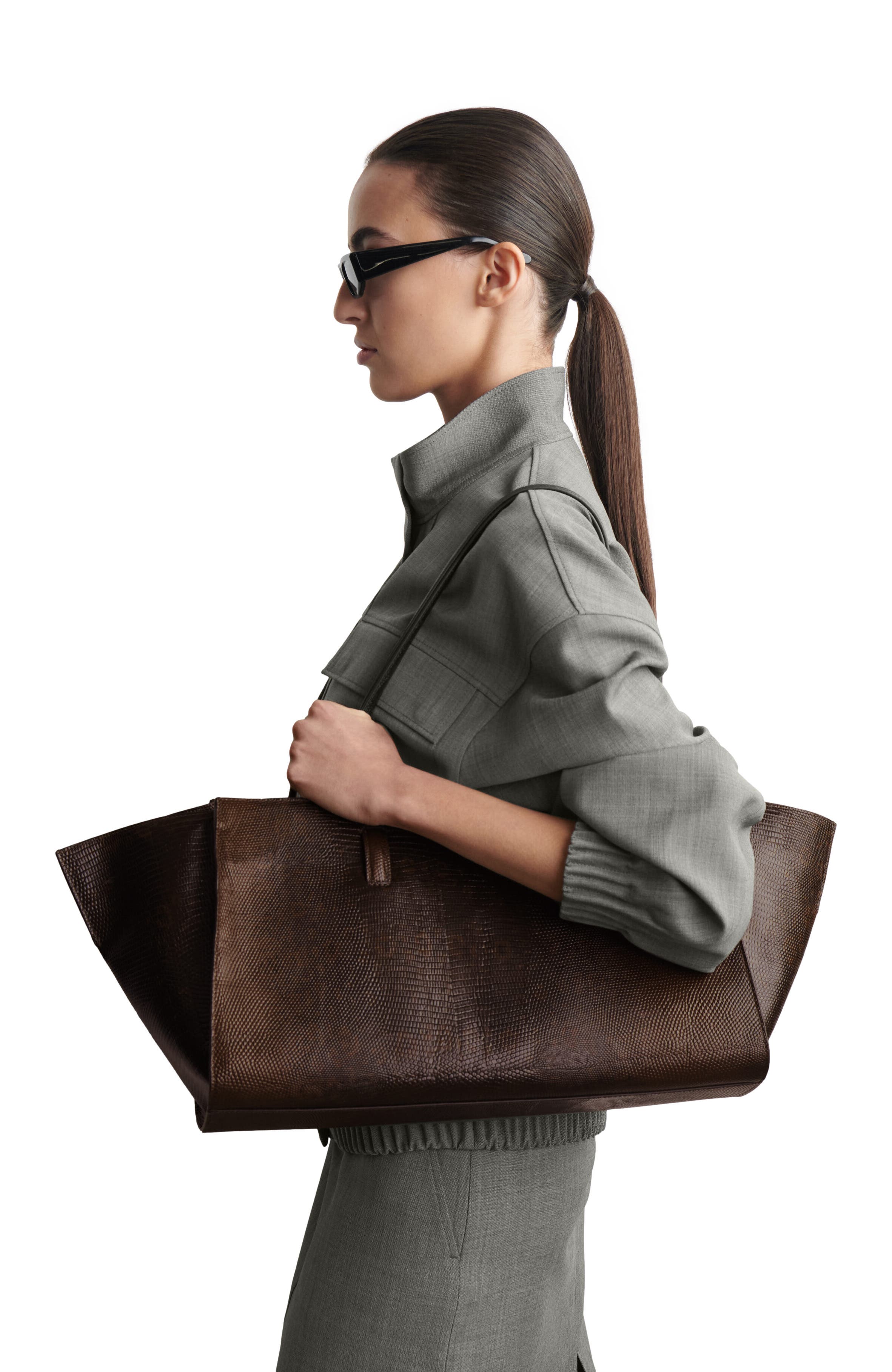 COS Monument Tote Bag - Leather, Alternate, color, Croc-Effect / Brown