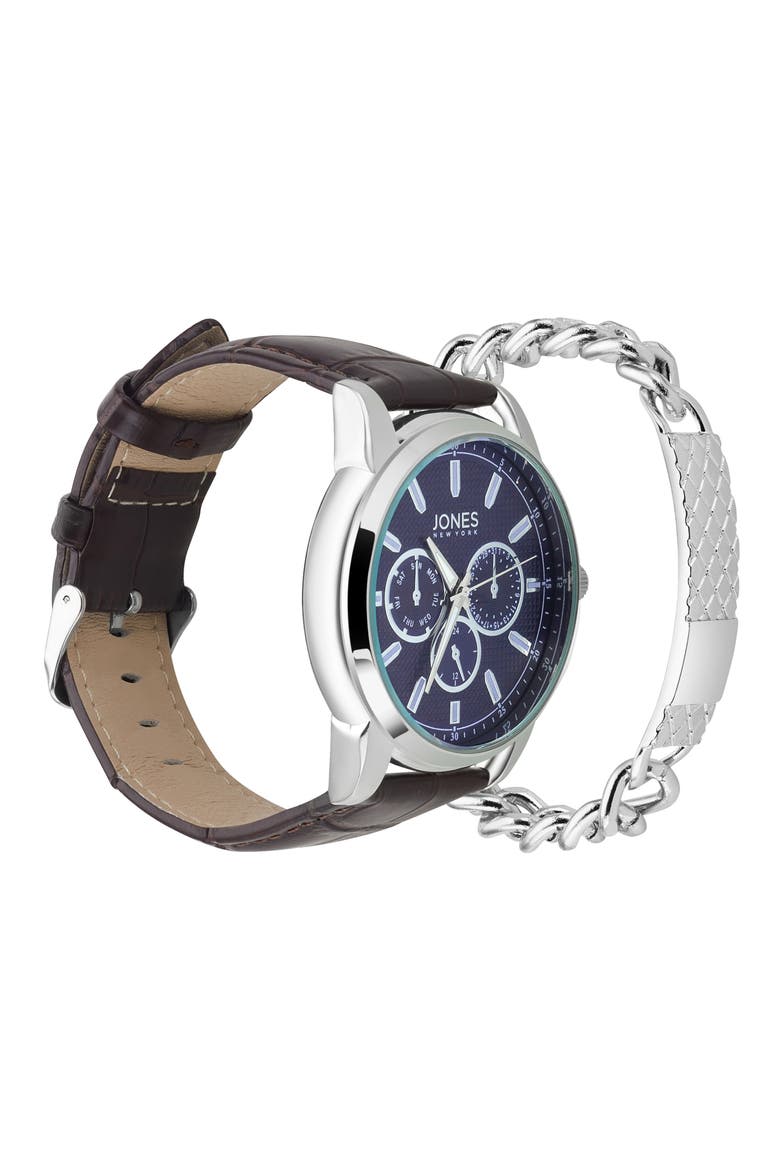Three-Hand Quartz Croc Embossed Strap Watch & ID Bracelet, Alternate, color, BROWN