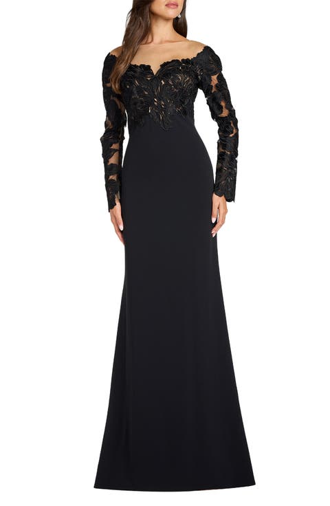 Floral Lace Bodice Mixed Media Long Sleeve Gown