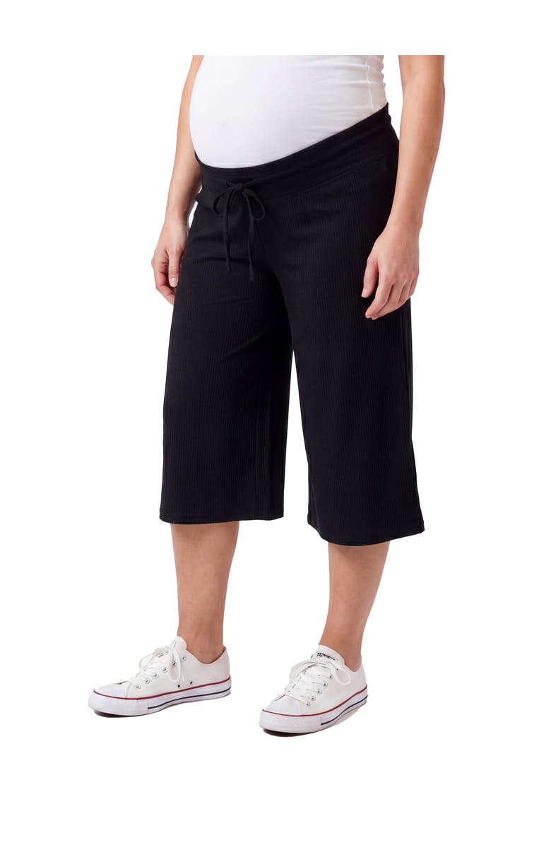24seven Comfort Apparel Maternity Basic Ribbed Knit Drawstring Flared Capri Pants, Alternate, color, Black