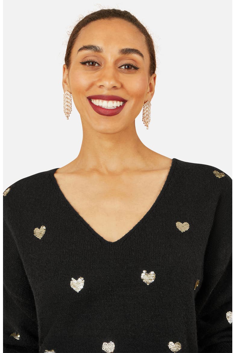 Sequin Heart V-Neck Jumper, Alternate, color, Black