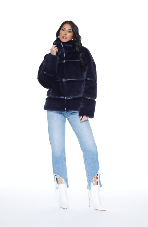 Shop Blue Revival Mob Wife Unreal Leather Fur Jacket In Navy