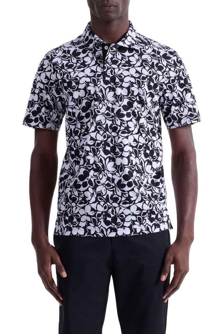 Hendrix Digital Monochromatic Floral Print Pima Cotton Polo, Main, color, BLACK