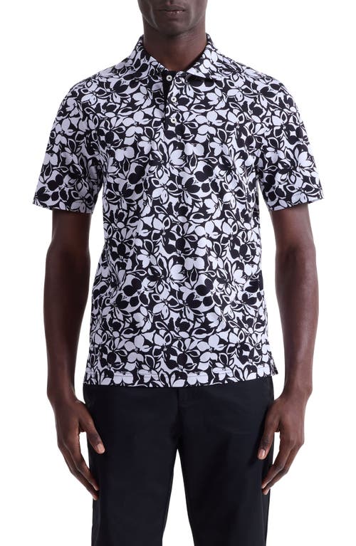 Bugatchi Hendrix Digital Monochromatic Floral Print Pima Cotton Polo In Black