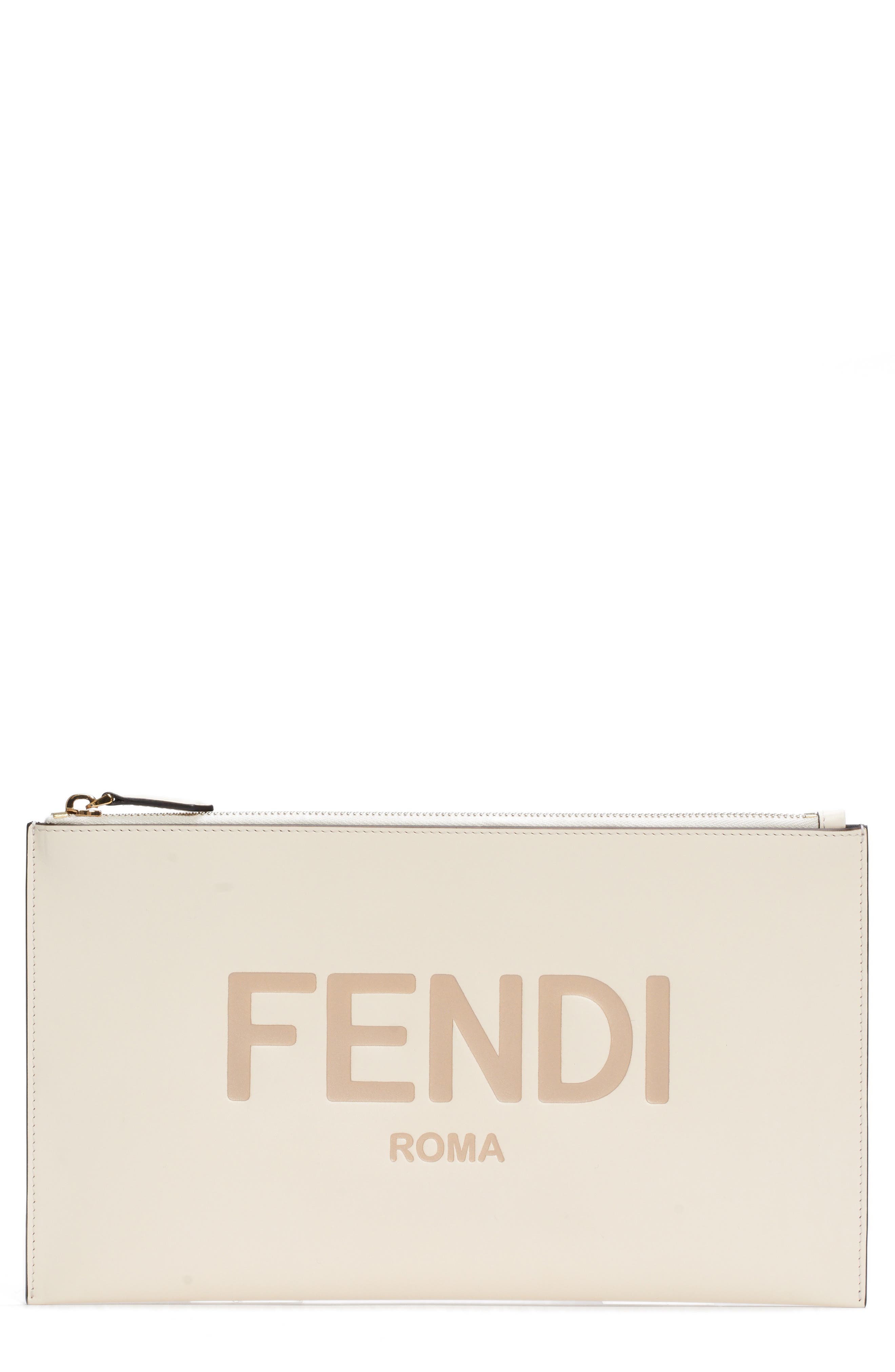 Fendi Logo Zip Leather Pouch, Main, color, 