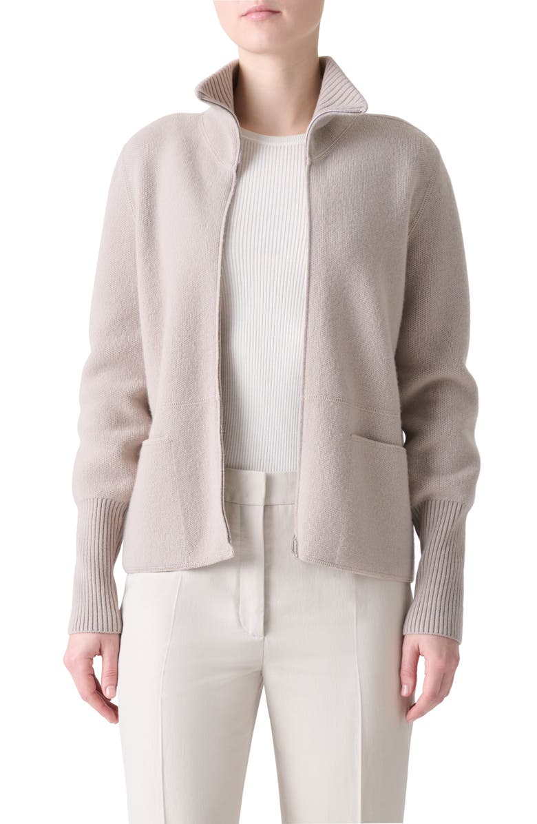 Akris Cashmere Piqué Knit Zip-Up Cardigan, Main, color, Greige
