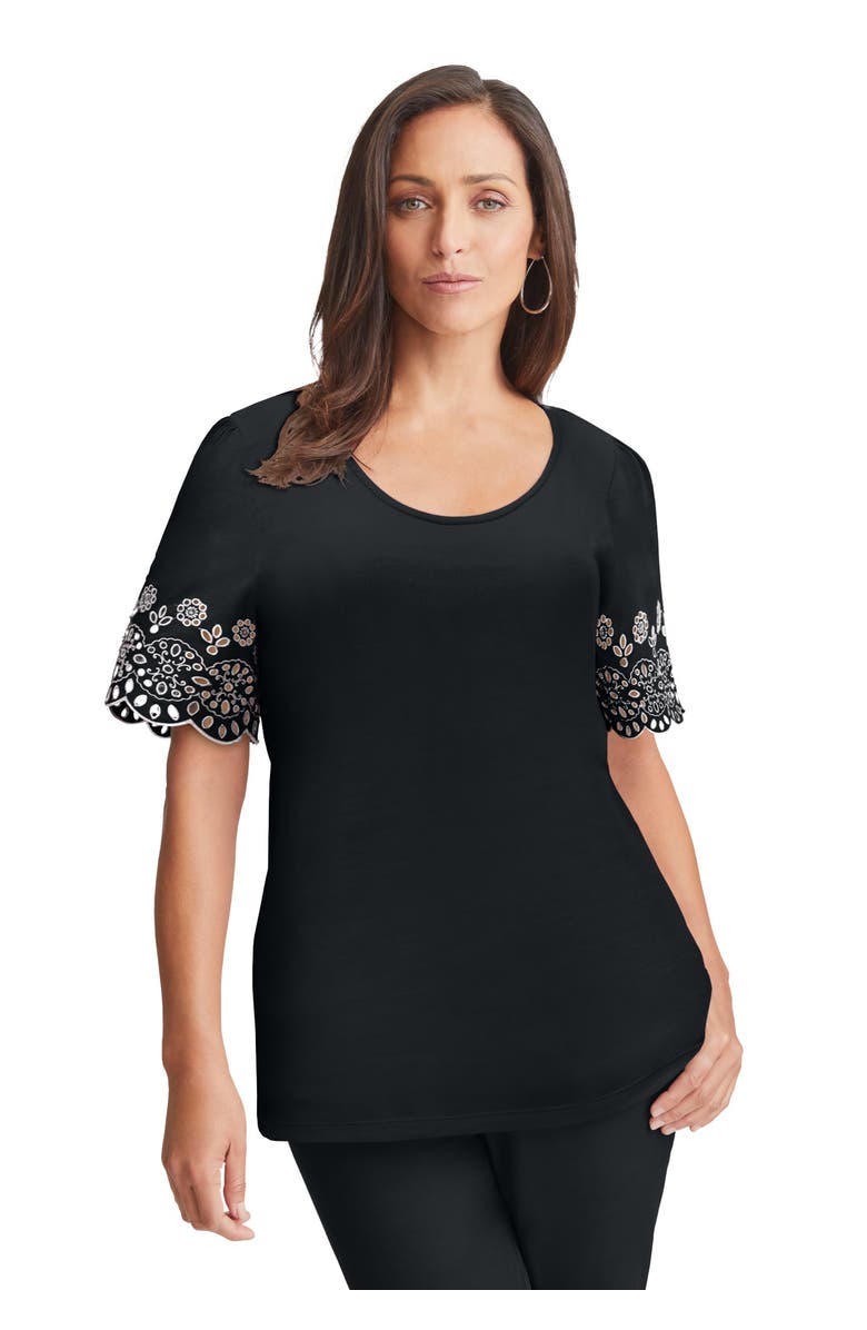 Jessica London Eyelet Scoop-Neck Tee, Main, color, Black Medallion Embroidery