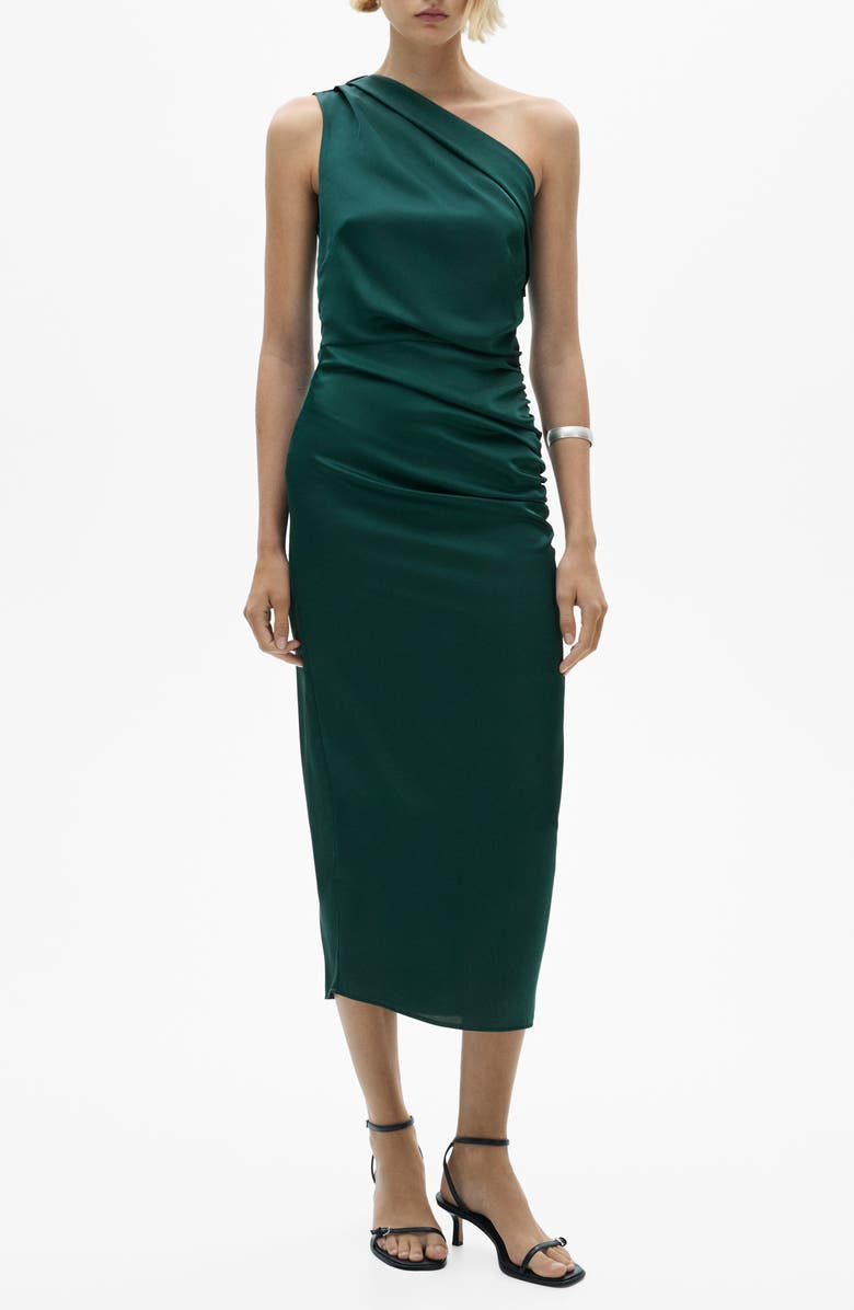 MANGO Pleat Shoulder Ruched One-Shoulder Dress, Main, color, 