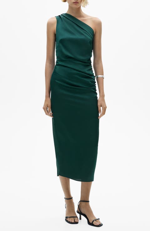 Pleat Shoulder Ruched One-Shoulder Dress