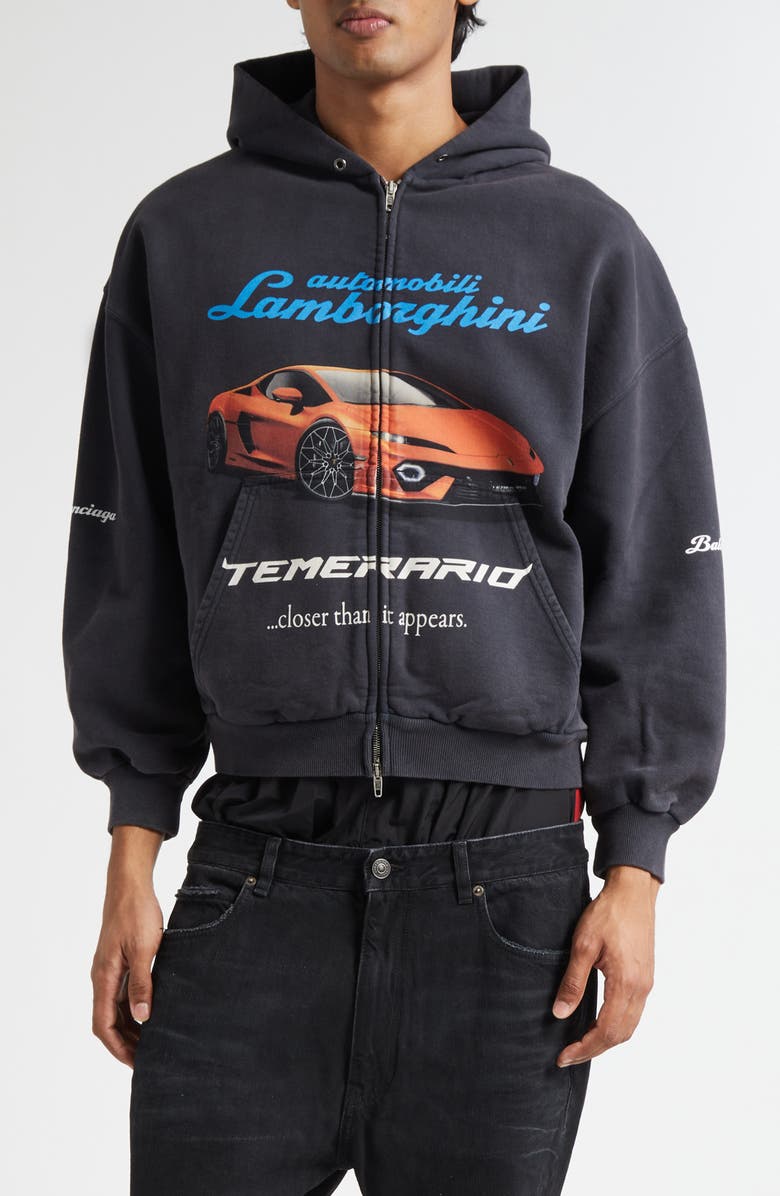 Balenciaga x Automobili Lamborghini Small Fit Full Zip Fleece Graphic Hoodie, Main, color, 1041 Faded Washed Black