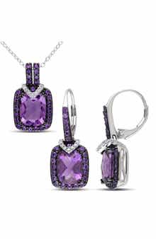 DELMAR African Amethyst & Diamond Halo Pendant Necklace & Drop Earrings Set
