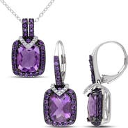 DELMAR African Amethyst & Diamond Halo Pendant Necklace & Drop Earrings Set