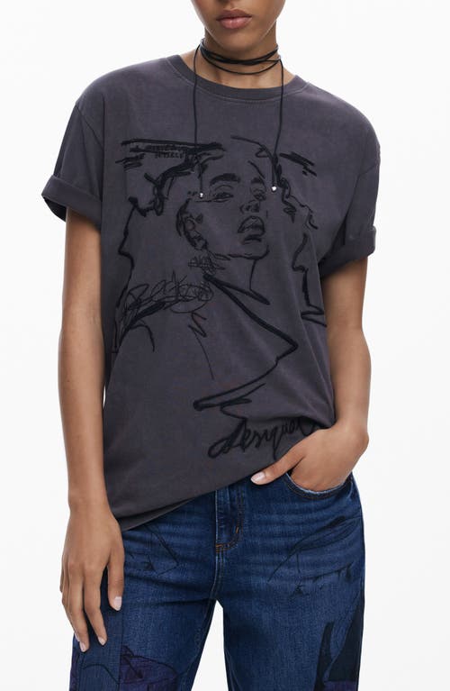 Desigual Embroidered Face Cotton T-shirt In Blue