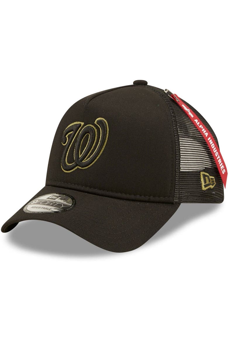 Men's New Era x Alpha Industries Black Washington Nationals A-Frame 9FORTY Trucker Snapback Hat, Main, color, Black