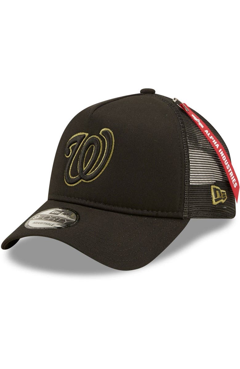 New Era Men's New Era x Alpha Industries Black Washington Nationals A-Frame 9FORTY Trucker Snapback Hat, Main, color, 