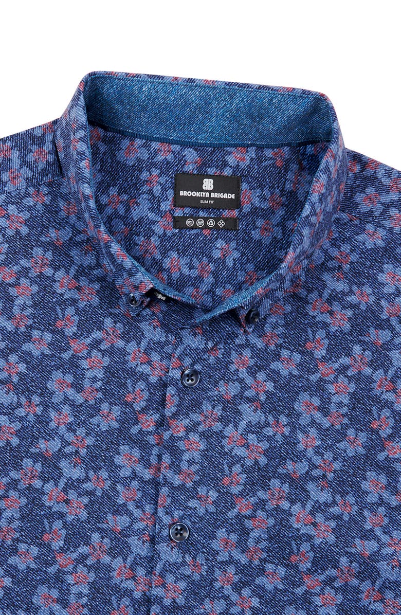 Brooklyn Brigade Slim Fit Denim Floral Recycled 4-Way Stretch Performance Short Sleeve Shirt, Alternate, color, Navy