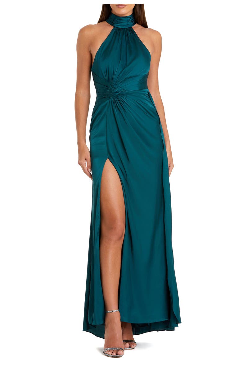 Mac Duggal Petite Open Back High Neck Side Ruched Gown, Main, color, Ocean