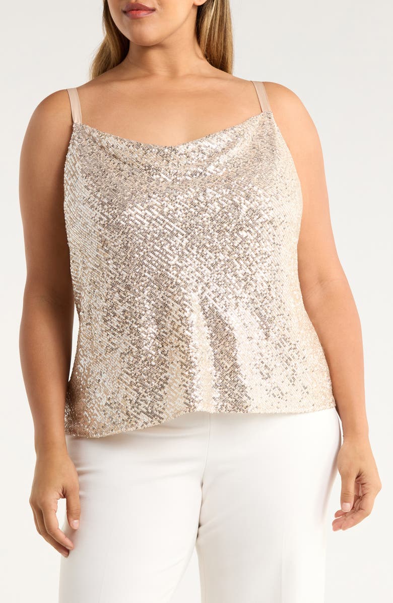 Tahari ASL Sequin Cowl Neck Camisole, Main, color, Nude Silver