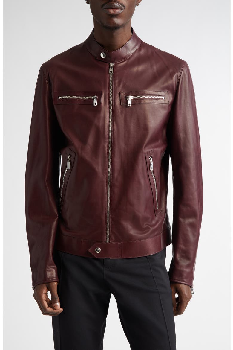 Leather Biker Jacket, Main, color, MARRONE/ VIOLA SCURO