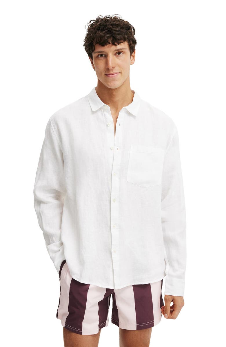 Cotton On Men's Relaxed Linen Long Sleeve Shirt, Alternate, color, White
