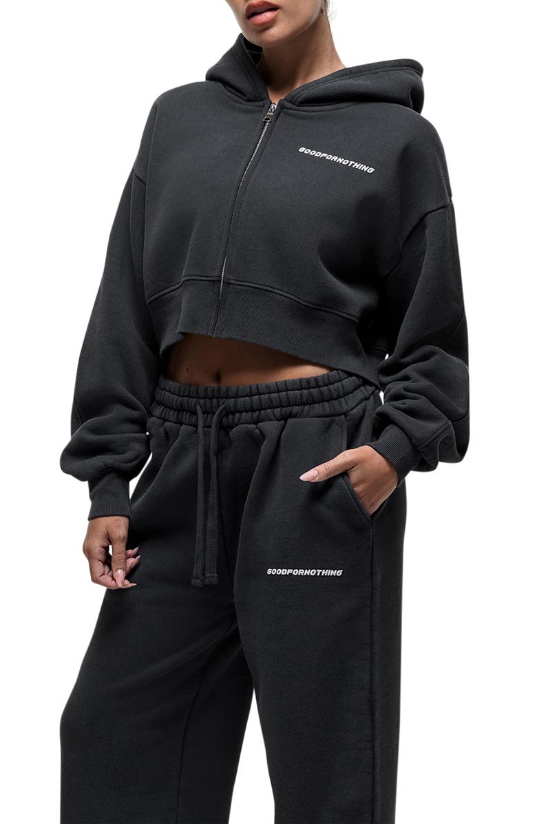 Good For Nothing Vintage Black Crop Zip Hoodie, Alternate, color, Black