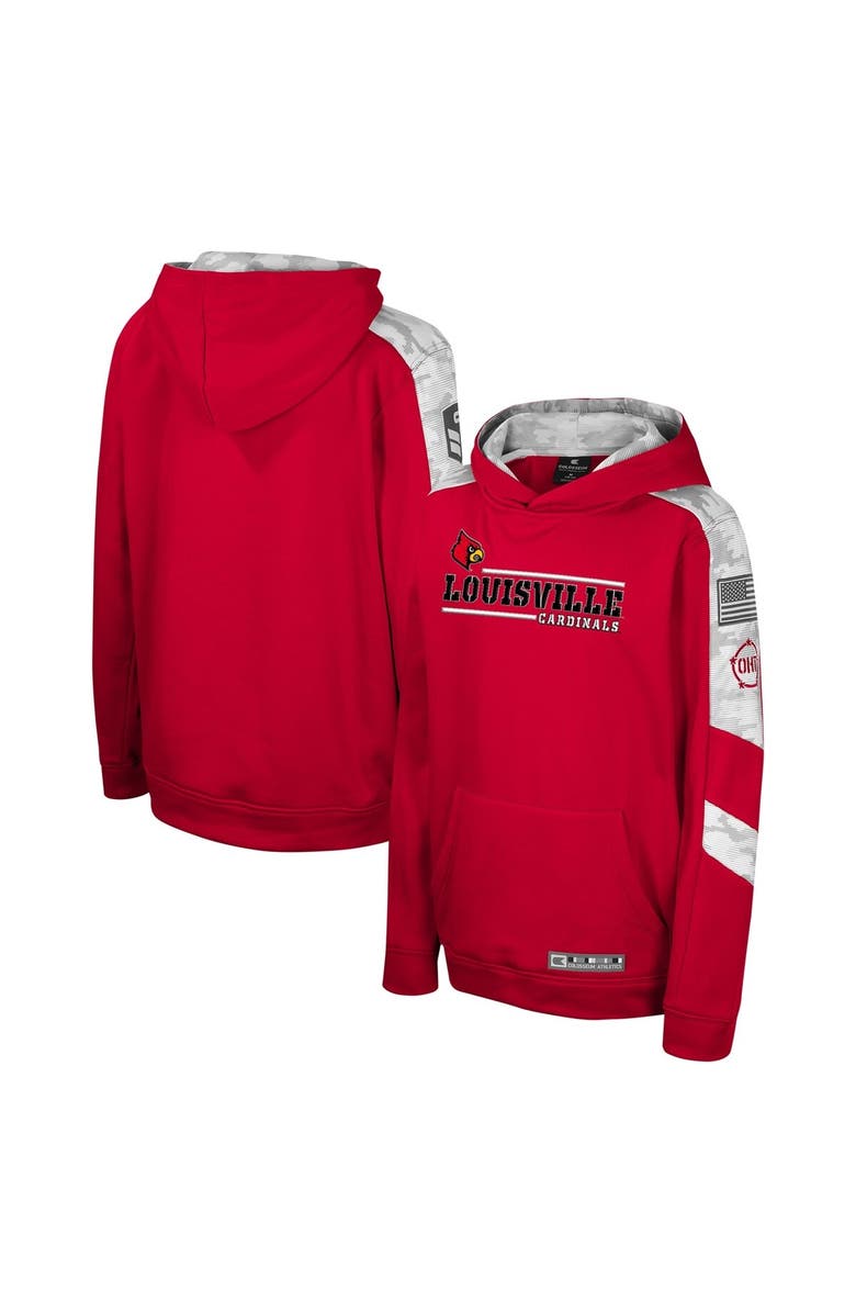 COLOSSEUM Youth Colosseum Red Louisville Cardinals OHT Military Appreciation Cyclone Digital Camo Pullover Hoodie, Main, color, Red