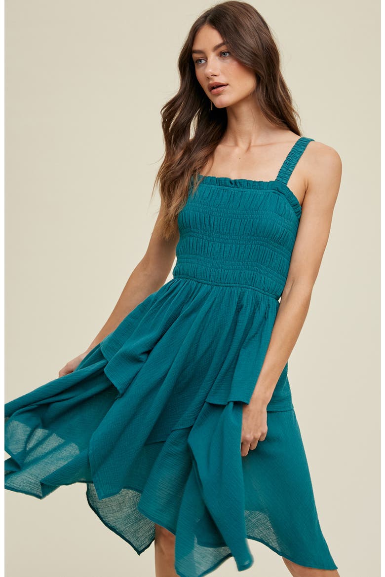 Smocked Handkerchief Hem Minidress, Alternate, color, TEAL