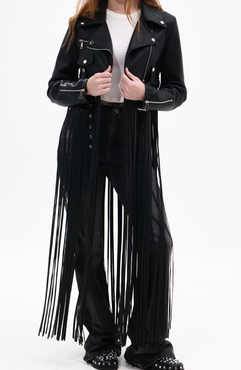 AZALEA WANG Maxi Fringe Faux Leather Moto Jacket, Main, color, 
