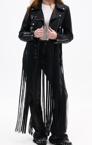 AZALEA WANG Maxi Fringe Faux Leather Moto Jacket