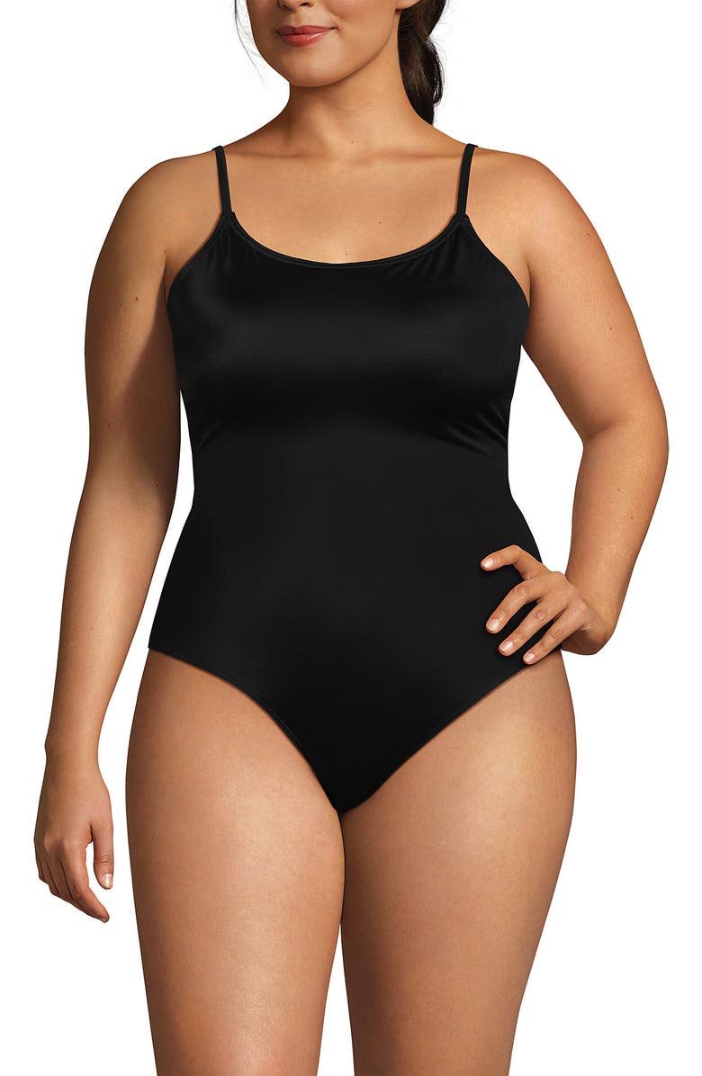 Lands' End Chlorine Resistant Scoop Neck High Leg Tugless Tank Thin Strap One Piece Swimsuit Adjustable, Alternate, color, Black