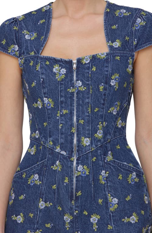 Avec Les Filles Floral Cap Sleeve Corset Wide Leg Denim Jumpsuit