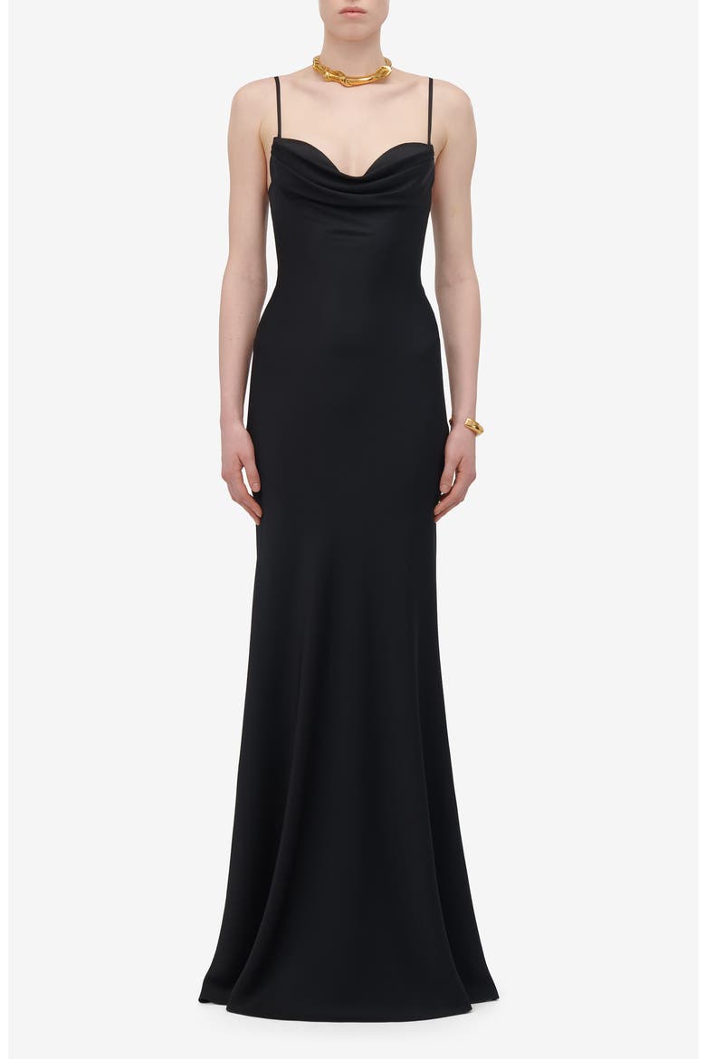 Drape Neck Silk Trumpet Gown, Main, color, BLACK