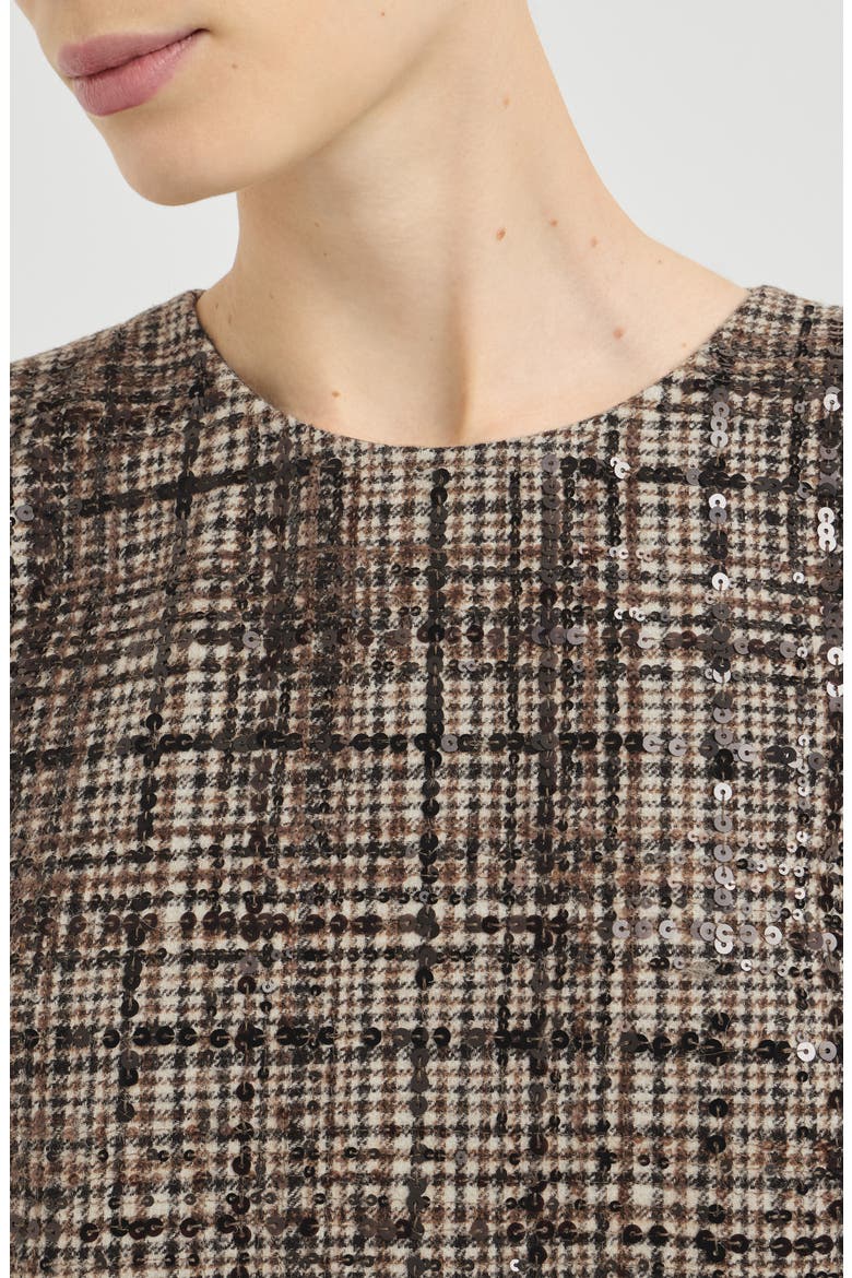 Checked alpaca and wool mini dress with dazzling degradé embroidery, Alternate, color, Brown