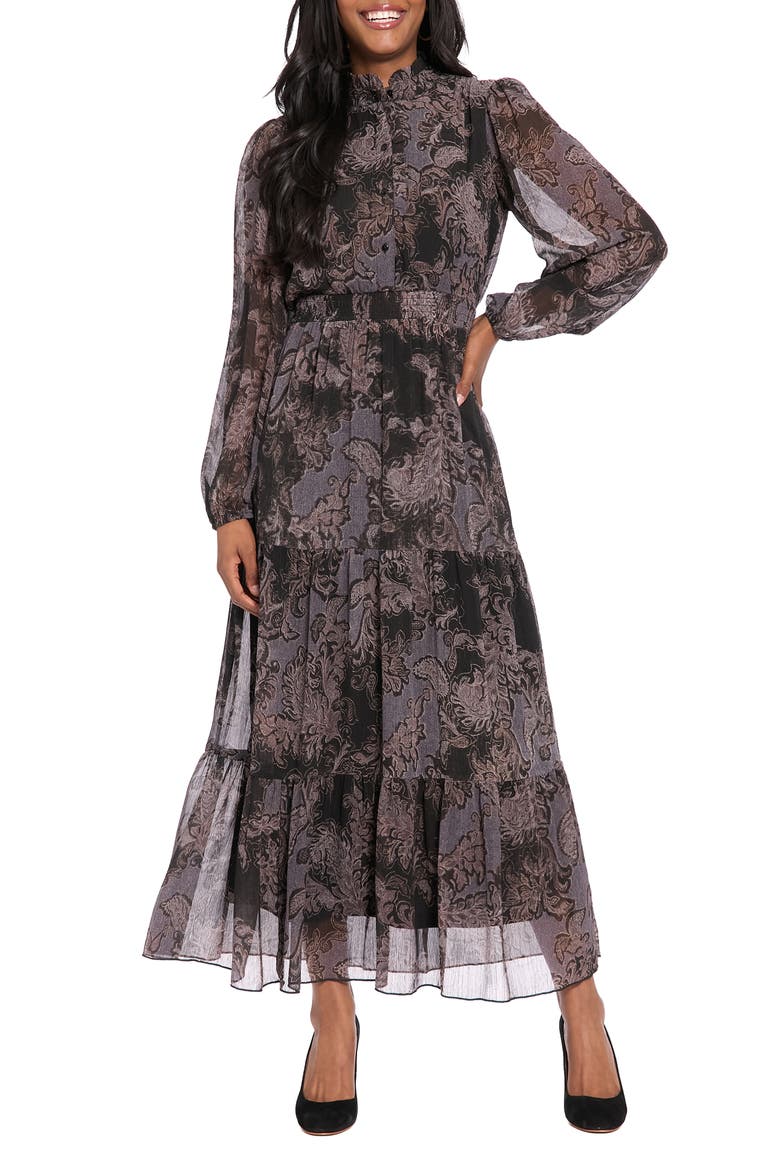 Ruffle Long Sleeve Shirtdress, Main, color, BLACK/ GRAY
