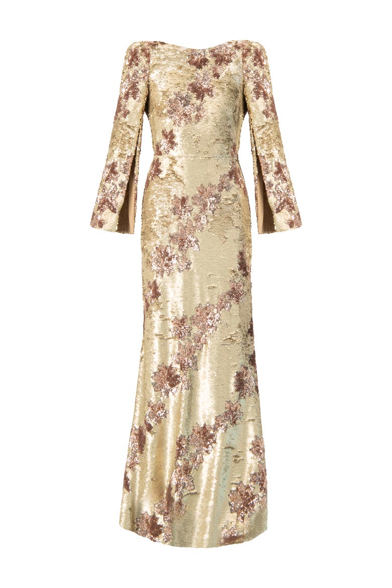Floral Sequin Gown with Open Back, Alternate, color, Gold