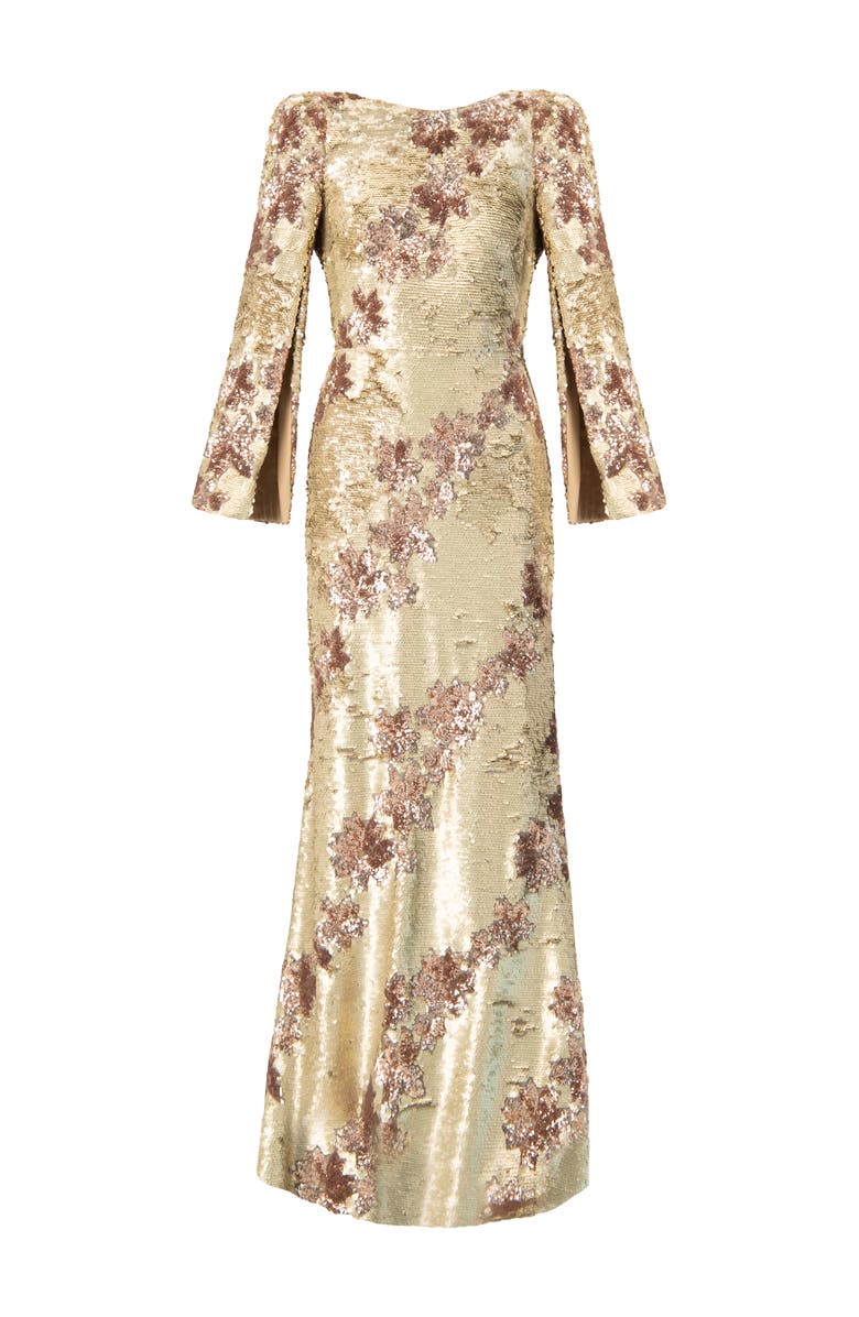 IVONNE Floral Sequin Gown with Open Back, Alternate, color, Gold