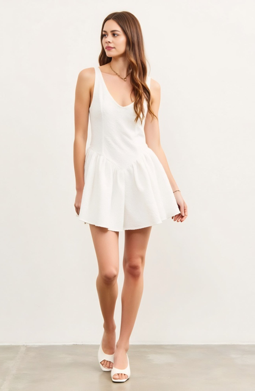 Modenaire Textured Sleeveless V-neck Mini Dress With Flowy Drop Waist