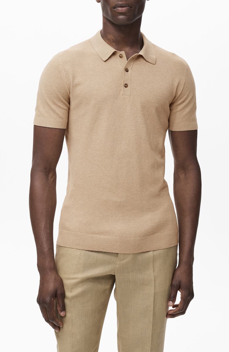 MANGO Band Collar Linen & Cotton Button-Up Shirt, Main, color, Beige