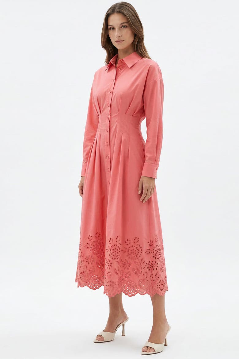 Faun Shirt Collar Long Sleeve Embroidered Midi Dress, Alternate, color, Pink