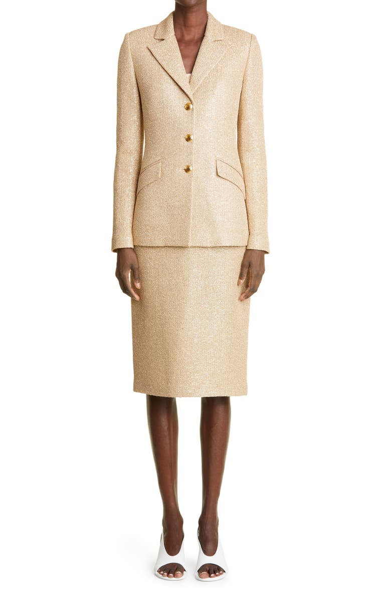 St. John Evening Crystal Embellished Metallic Knit Dress, Alternate, color,