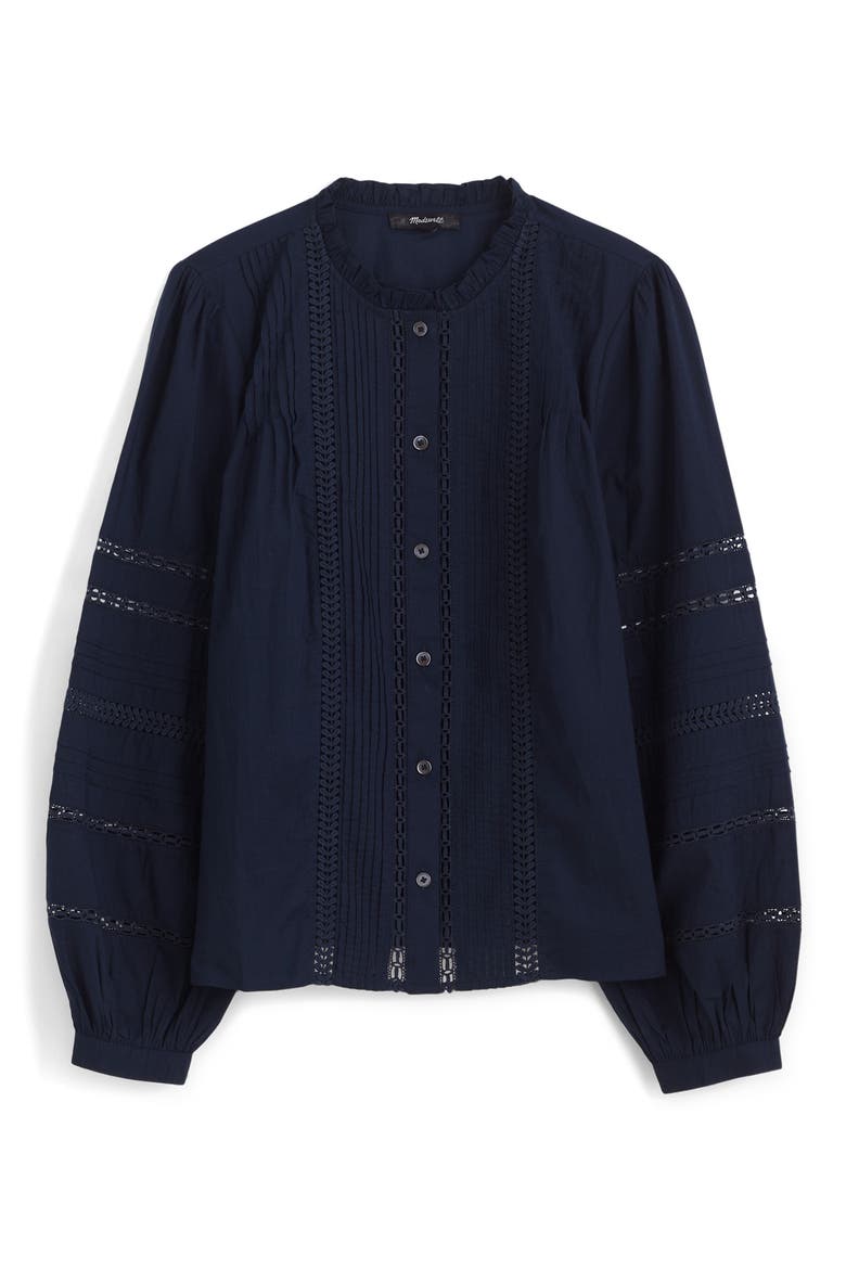 High Neck Lace Detail Pintuck Cotton Top, Alternate, color, CLASSIC NAVY