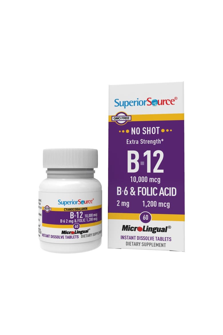 No Shot Vitamin B-12 Cyanocobalamin B-6 Folic Acid Sublingual Dissolving Tablets, Main, color, White