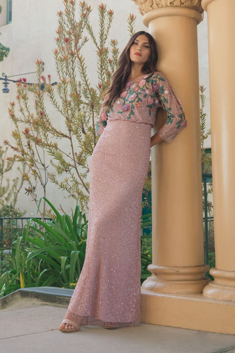 Floral Embellished Long Sleeve Gown, Alternate, color, Vintage Lilac Multi