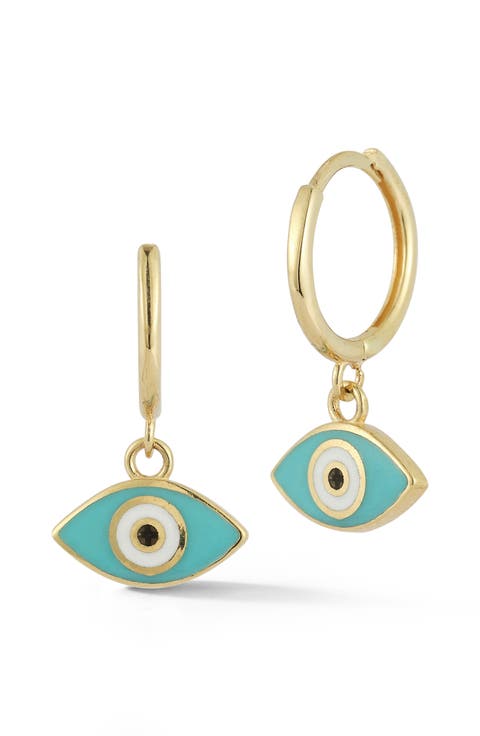 14K Gold Enamel Evil Eye Drop Huggie Hoop Earrings