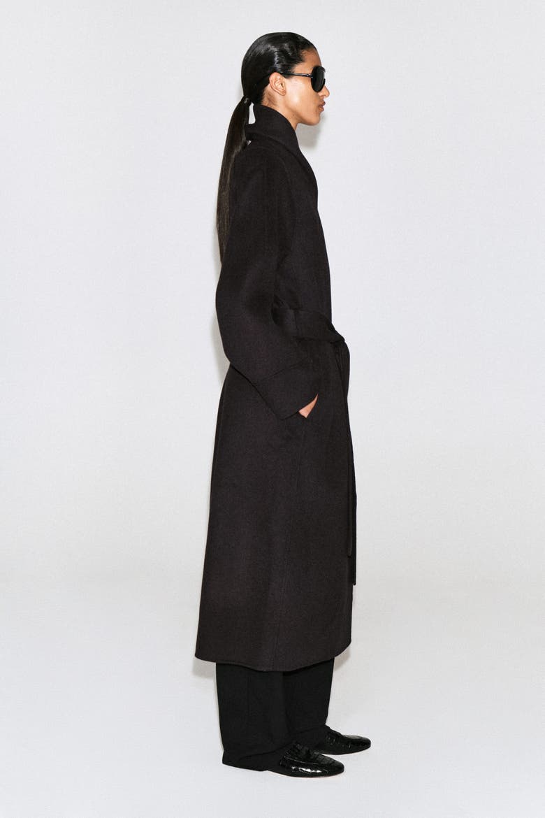 Shawl-Collar Double-Faced Wool Long Coat, Alternate, color, DARK BROWN