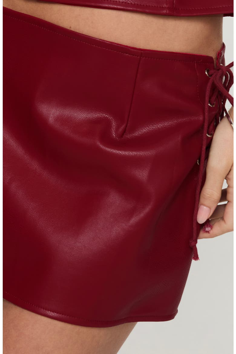 Smolder Tie Up Faux Leather Miniskirt, Alternate, color, RED